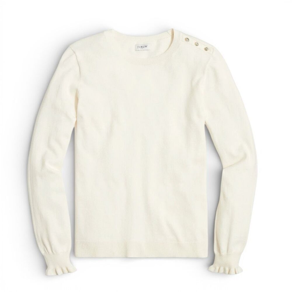 NWT Womens J Crew Ivory Ruffle Rhinestone Sweater Top Blouse - BL771 - Sz S